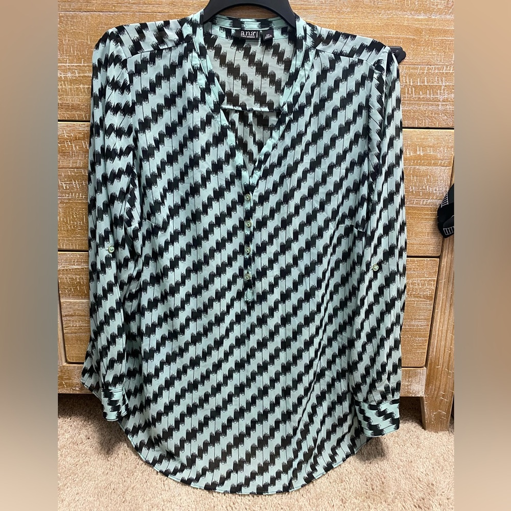A.N.A Teal & Black Button Striped Sheer Blouse